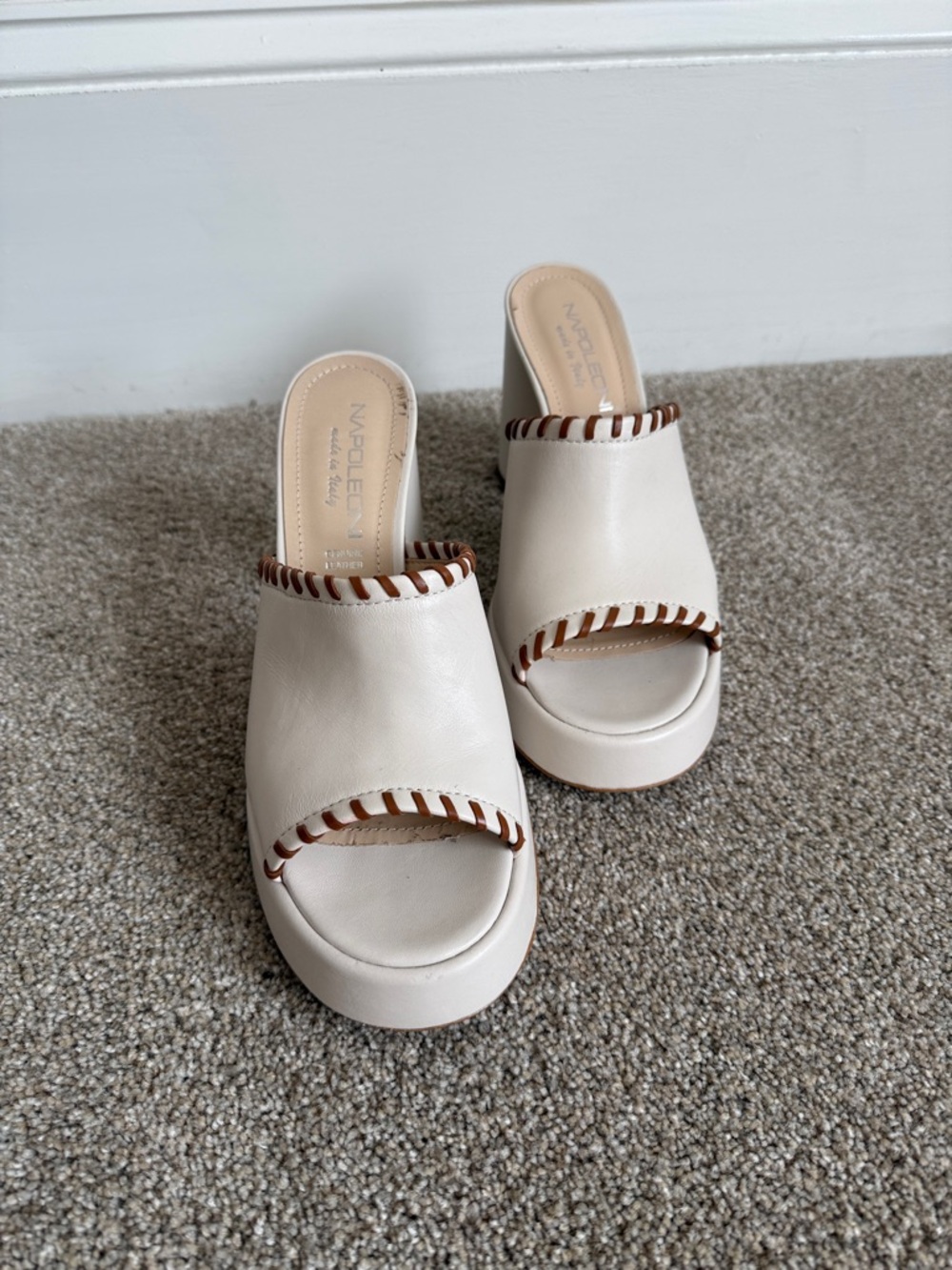 Napoleoni cream Platform Mules with Brown Whipstitch Trim